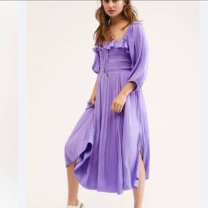 Free People Shiny Oasis Shirred Smocked Squared Neck MIDI Dress S